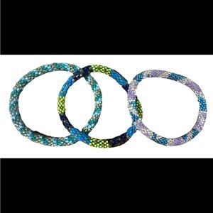 Set of 3 Glass Seed Bead Roll-On Stretch Bracelets Blue Green Purple Boho